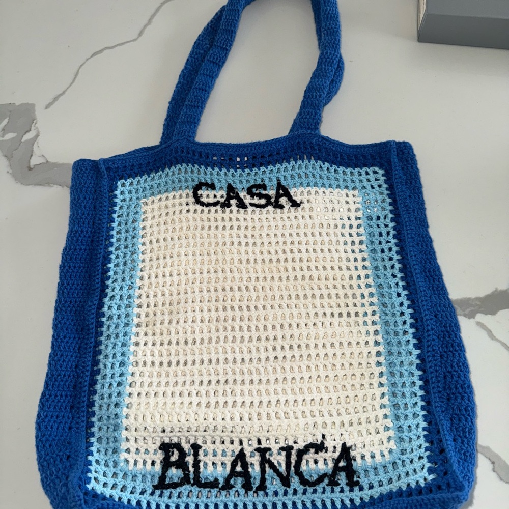 Blue and White Crochet Tote Bag
